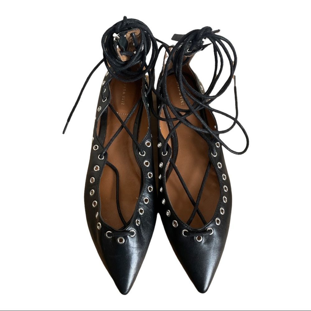Zara point toe black leather lace up flats